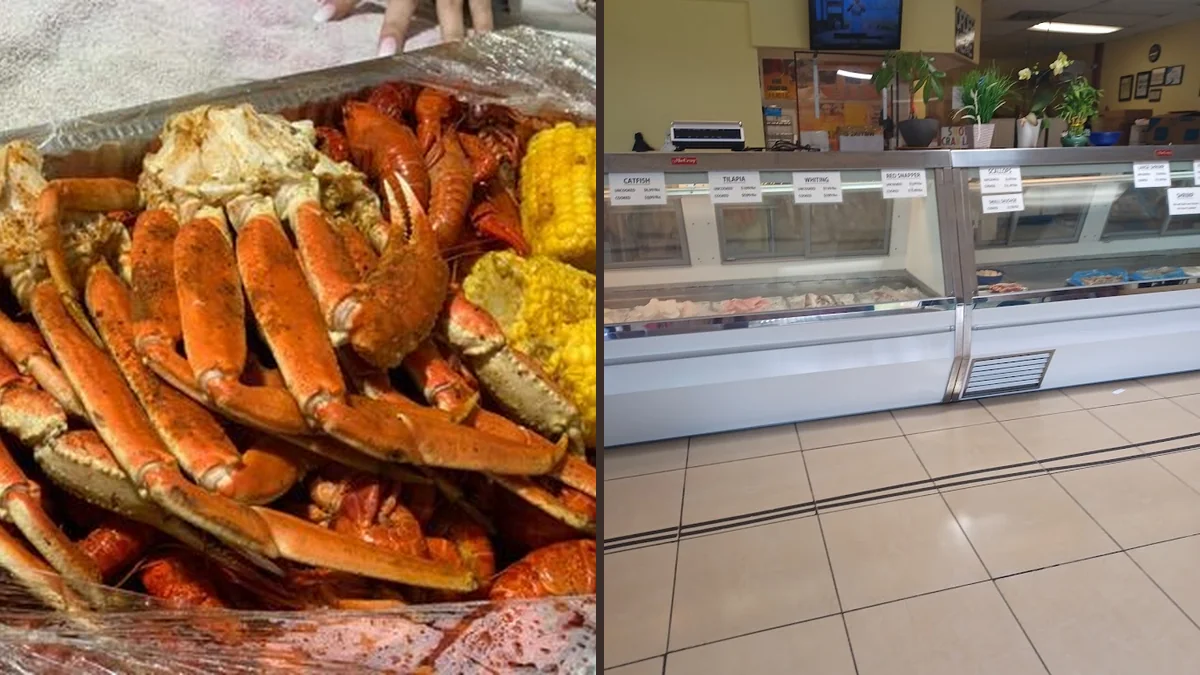 Seafood plates on a casual restaurant table.